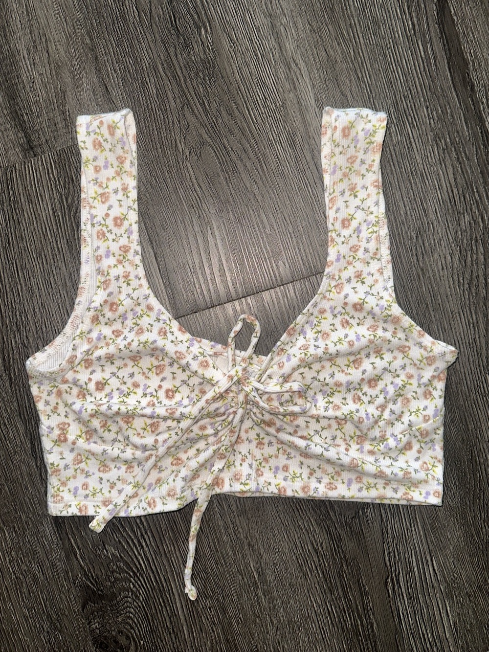White Floral Ruched Tie-Front Crop Tank